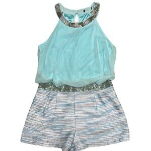 Lovposh Silver Bead Embellished Halter Romper Chiffon & Striped Shorts Sz Large
